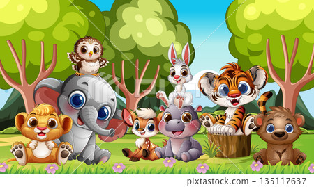 Cute Baby Animals Gathering in Cartoon Forest Scene 135117637