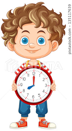Curly Haired Boy Holding Large Analog Clock 135117639