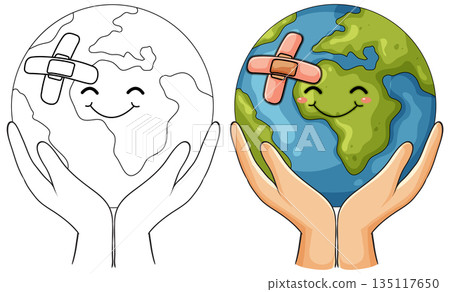 Smiling Earth with Bandage Held in Caring Hands Smiling Earth with Bandage Held in Caring Hands 135117650