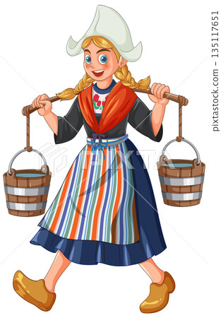 Dutch Girl Carrying Water Buckets in Traditional Costume 135117651
