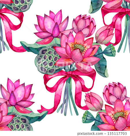 Vibrant watercolor seamless pattern featuring elegant pink lotus flower bouquets tied with a bright magenta ribbon. This hand-painted botanical design includes detailed lotus blossoms, buds, and seed Vibrant watercolor seamless pattern featuring elegant pink lotus flower bouquets tied with a bright magenta ribbon. This hand-painted botanical design includes detailed lotus blossoms, buds, and seed 135117703