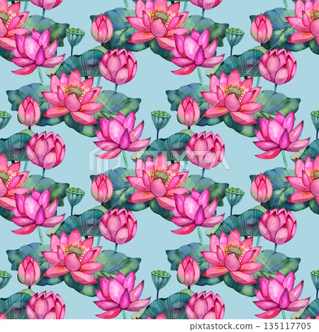 Watercolor seamless pattern with blooming pink lotus flowers, lush leaves, and seed pods. Calm botanical design suitable for textiles, wellness themes, spa prints, wallpapers, and elegant natural Watercolor seamless pattern with blooming pink lotus flowers, lush leaves, and seed pods. Calm botanical design suitable for textiles, wellness themes, spa prints, wallpapers, and elegant natural 135117705