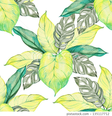 Watercolor tropical seamless pattern with vibrant leaves in soft green, turquoise, and yellow shades. Artistic foliage elements create a fresh botanical design perfect for textiles, wallpapers Watercolor tropical seamless pattern with vibrant leaves in soft green, turquoise, and yellow shades. Artistic foliage elements create a fresh botanical design perfect for textiles, wallpapers 135117712