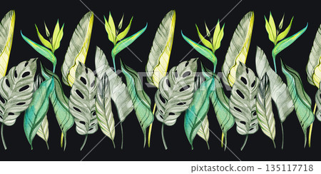 Watercolor tropical leaf border with layered exotic greenery and delicate botanical details, ideal for packaging, textiles, invitations, branding, and elegant decorative designs. Watercolor tropical leaf border with layered exotic greenery and delicate botanical details, ideal for packaging, textiles, invitations, branding, and elegant decorative designs. 135117718