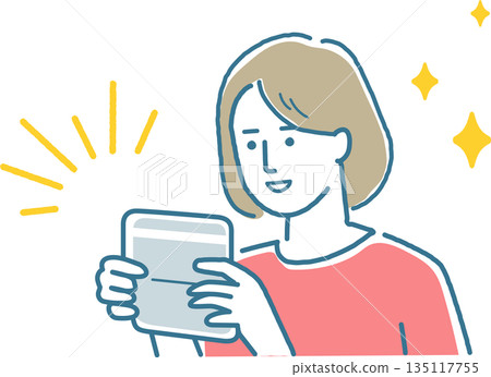A woman looking at her bankbook with joy 135117755