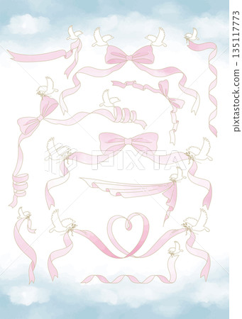 Elegant frame and decoration set with ribbons and doves 135117773