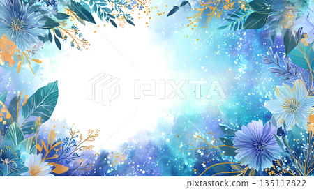 Beautiful elegant floral background frame in blue and gold 135117822