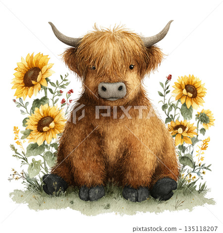 Adorable fluffy Highland cow calf sits peacefully surrounded by vibrant blooming sunflowers and delicate greenery, evoking a sense of rustic charm and gentle nature for charming designs. 135118207