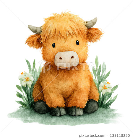 Adorable watercolor Highland cow calf sitting amongst lush green grass and delicate white wildflowers, perfect for nursery decor and charming children's book illustrations Adorable watercolor Highland cow calf sitting amongst lush green grass and delicate white wildflowers, perfect for nursery decor and charming children's book illustrations 135118230