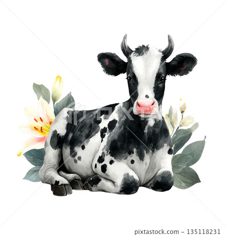 Charming watercolor calf resting peacefully amidst delicate lilies and lush greenery, evoking a serene pastoral farm aesthetic for your designs. 135118231