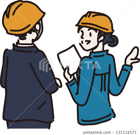 A woman wearing a helmet and blue work clothes explaining to a visitor A woman wearing a helmet and blue work clothes explaining to a visitor 135118571