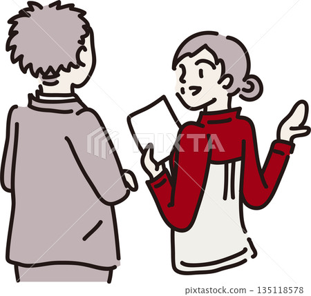 一位穿著紅色工作服的女士正在向一位訪客講解 一位穿著紅色工作服的女士正在向一位訪客講解 135118578