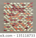 Arrows moving forward 3d background. Abstract pattern of triangular cursor pointers in square frame with optical illusion. Flying planes in white, red and orange colors with glitter. 3D illustration 135118733