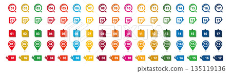 永續發展目標彩色數字圖示集。包含放大鏡、便籤紙等形狀。向量圖，白色背景。 135119136