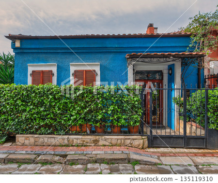 Charming blue house with red roof tiles, brown shutters, and a green ivy hedge behind a decorative metal gate Charming blue house with red roof tiles, brown shutters, and a green ivy hedge behind a decorative metal gate 135119310