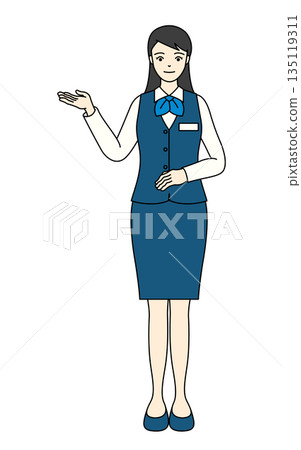 A receptionist in a blue uniform posing to give directions and explanations A receptionist in a blue uniform posing to give directions and explanations 135119311