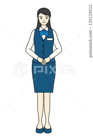 A female receptionist in a skirt uniform with her hands clasped and smiling A female receptionist in a skirt uniform with her hands clasped and smiling 135119312