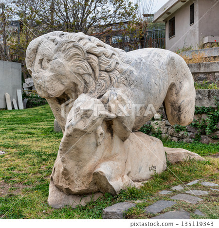 Marble sculpture of a lion attacking a bull, Izmir Agora Open Air Museum, Izmir, Turkey. Marble sculpture of a lion attacking a bull, Izmir Agora Open Air Museum, Izmir, Turkey. 135119343