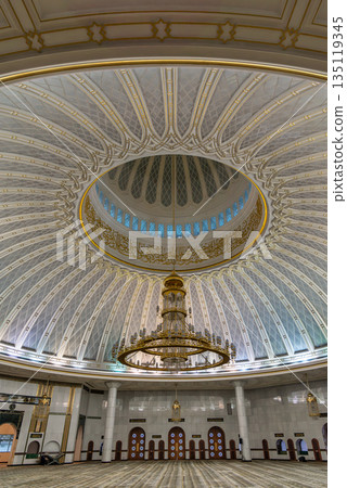 Grand interior of Jame Asr Hassanil Bolkiah Mosque with ornate dome and chandelier, Bandar Seri Begawan, Brunei Grand interior of Jame Asr Hassanil Bolkiah Mosque with ornate dome and chandelier, Bandar Seri Begawan, Brunei 135119345