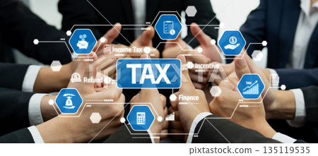 Collaborative Effort in Financial Planning with Focus on Tax Strategy and Incentives in Business Environment Featuring Hands and Graphical Elements. Amity 135119535