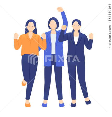 一支充滿成功和成就感的商業團隊。圖解:一位女士高興地揮舞著拳頭。 一支充滿成功和成就感的商業團隊。圖解:一位女士高興地揮舞著拳頭。 135119561