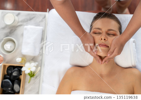 Panorama top view woman enjoying relaxing anti-stress head massage. Quiescent 135119638