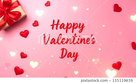 情人節快樂字樣，周圍環繞著禮物和愛心圖案，情人節主題素材 135119639