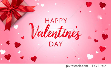 情人節快樂字樣，周圍環繞著禮物和愛心圖案，情人節主題素材 135119640