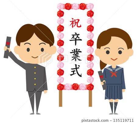 Illustration of male and female students standing in front of a graduation board 135119711