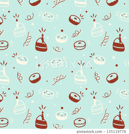 Birthday blue pattern of donuts and cake slices with candle, white and brown doodle outlines and silhouettes. 135119778