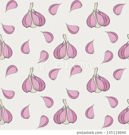 Cooking and spices, aromatic food. Garlic cloves hand drawn doodle on beige background. Cooking and spices, aromatic food. Garlic cloves hand drawn doodle on beige background. 135119840
