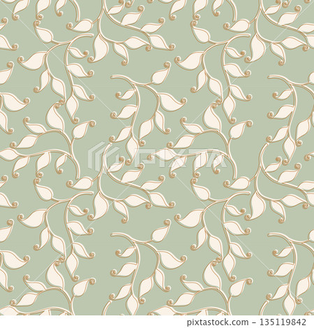 Spring Vibe. Lace leaves pattern in pastel tones, gold and green. Textile, background, wallpaper, packaging. 135119842