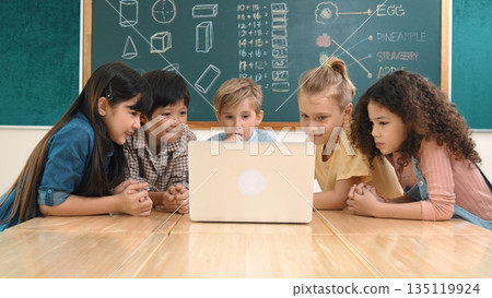 Top view diverse student looking at laptop and learning about code. Pedagogy. 135119924
