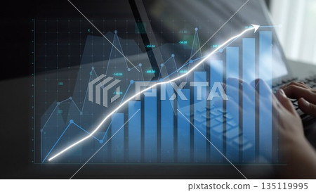 Modern financial analysis with data visualization, digital screen displaying graphs, charts, and upward trends on laptop keyboard in office environment Copula Modern financial analysis with data visualization, digital screen displaying graphs, charts, and upward trends on laptop keyboard in office environment Copula 135119995