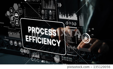 Businessman Analyzing Data with Process Efficiency Concept on Digital Interface in Modern Office Environment. Asymptotic smart data analytic 135120056