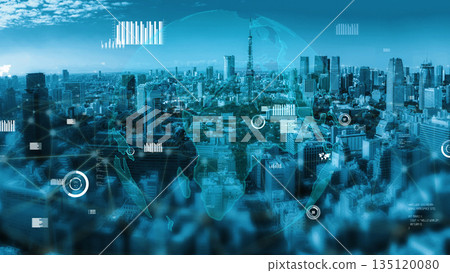 Aerial View of Tokyo City Skyline with Digital Technology Interface Elements and Global Connectivity Graphics in Blue Color Scheme xenic 135120080
