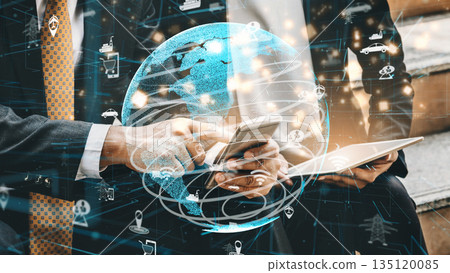 Businessman Using Smartphone for Global Connectivity with Digital Globe and Icons Representing Technology, Communication, and Innovation in Modern Life xenic 135120085