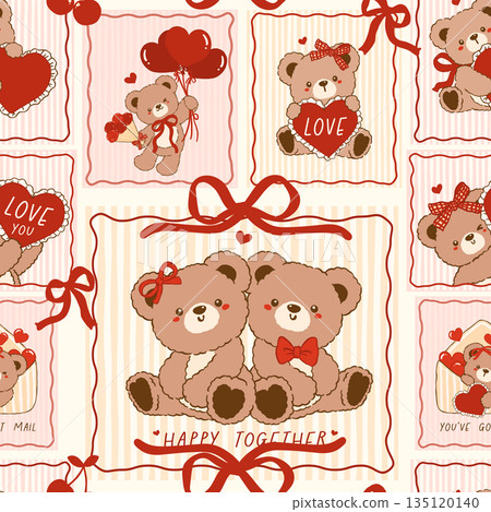 Coquette Valentine Teddy Bear Frames seamless pattern Romantic Vintage Retro Shabby Chic Preppy Printable Background 135120140