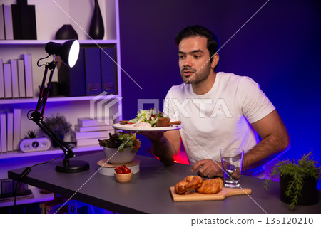 Healthy influencer in host channel taste chicken meat. Surmise. Healthy influencer in host channel taste chicken meat. Surmise. 135120210