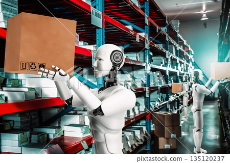 Innovative industry robot working in warehouse for human labor replacement 135120237