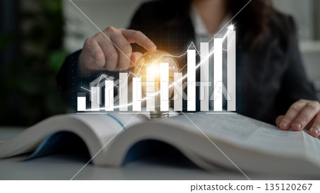 Businesswoman Analyzing Financial Growth with Graphs and Charts, Investment Strategy Concept on Notebook, Professional Workspace Setting Impute 135120267