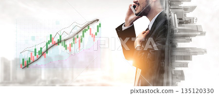 Businessman on Phone with Financial Graph in Background Representing Market Analysis and Growth Opportunities Impute 135120330