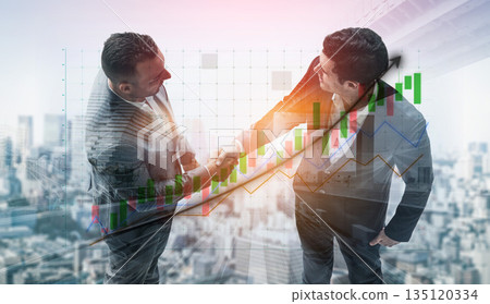 Business professionals shaking hands with financial growth graph overlay in modern urban setting Impute Business professionals shaking hands with financial growth graph overlay in modern urban setting Impute 135120334