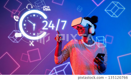 Engaged Customer Service Agent in Virtual Reality with 24 7 Support and Communication Icons in a Vibrant Tech Environment XDMCP Engaged Customer Service Agent in Virtual Reality with 24 7 Support and Communication Icons in a Vibrant Tech Environment XDMCP 135120766
