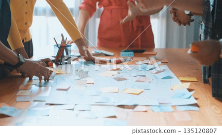 Close up of smart developer team using mind map to brainstorm idea. Symposium. 135120807