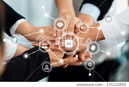 Collaborative Hands Symbolizing Teamwork in Artificial Intelligence with Digital Icons Representing AI Concepts and Technologies. Amity 135120809
