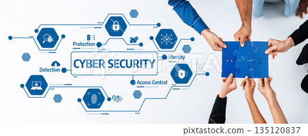 Collaborative Efforts in Cyber Security with Hands Reaching for Solutions and Icons Representing Protection and Access Control. Amity 135120837