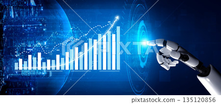 Futuristic robotic hand interacting with data visuals and graphs in a digital landscape of analytics and innovation Impute 135120856