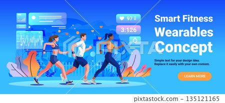 Smart fitness wearables concept people running outdoor activity health tracking data charts modern technology blue background website banner 135121165