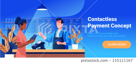 Contactless payment concept cashier counter customer using smartphone modern store interior blue background plants digital transaction banner 135121167